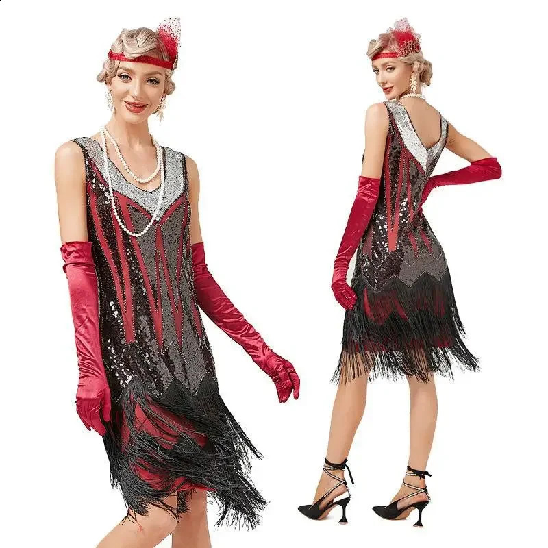 Vintage 1920s Flap Vneck Double Flow Su Dress Great Gatsby Role Playing Costume Cocktail Party Charleston Dance Glitter 240913