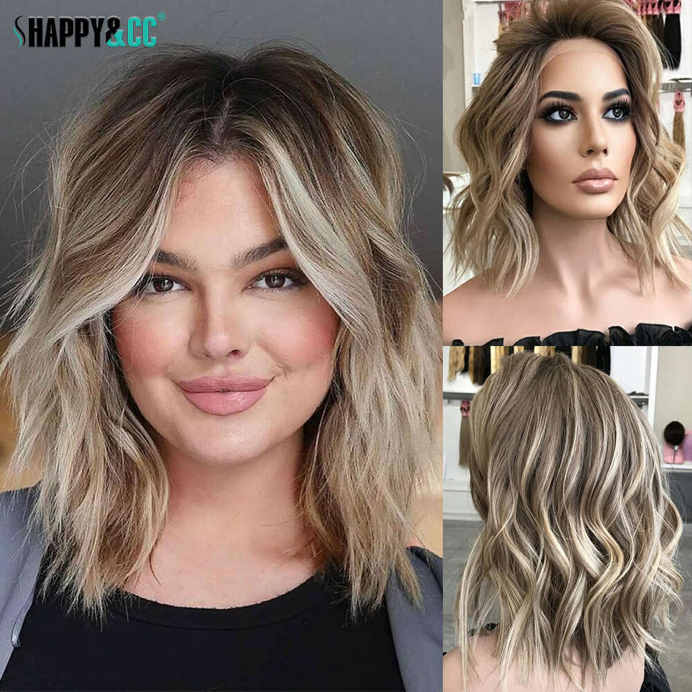 Highlight Short Bob Synthetic Lace Front Wigs For Women Wavy Dark Roots Brown Curly Blonde Wig Pre Plucked Daily Use