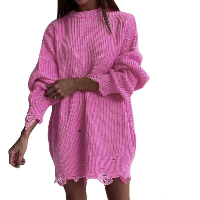 Loose solid color perforated sweater mid to length autumn/winter 2024 spring/autumn round neck pullover long sleeved knit