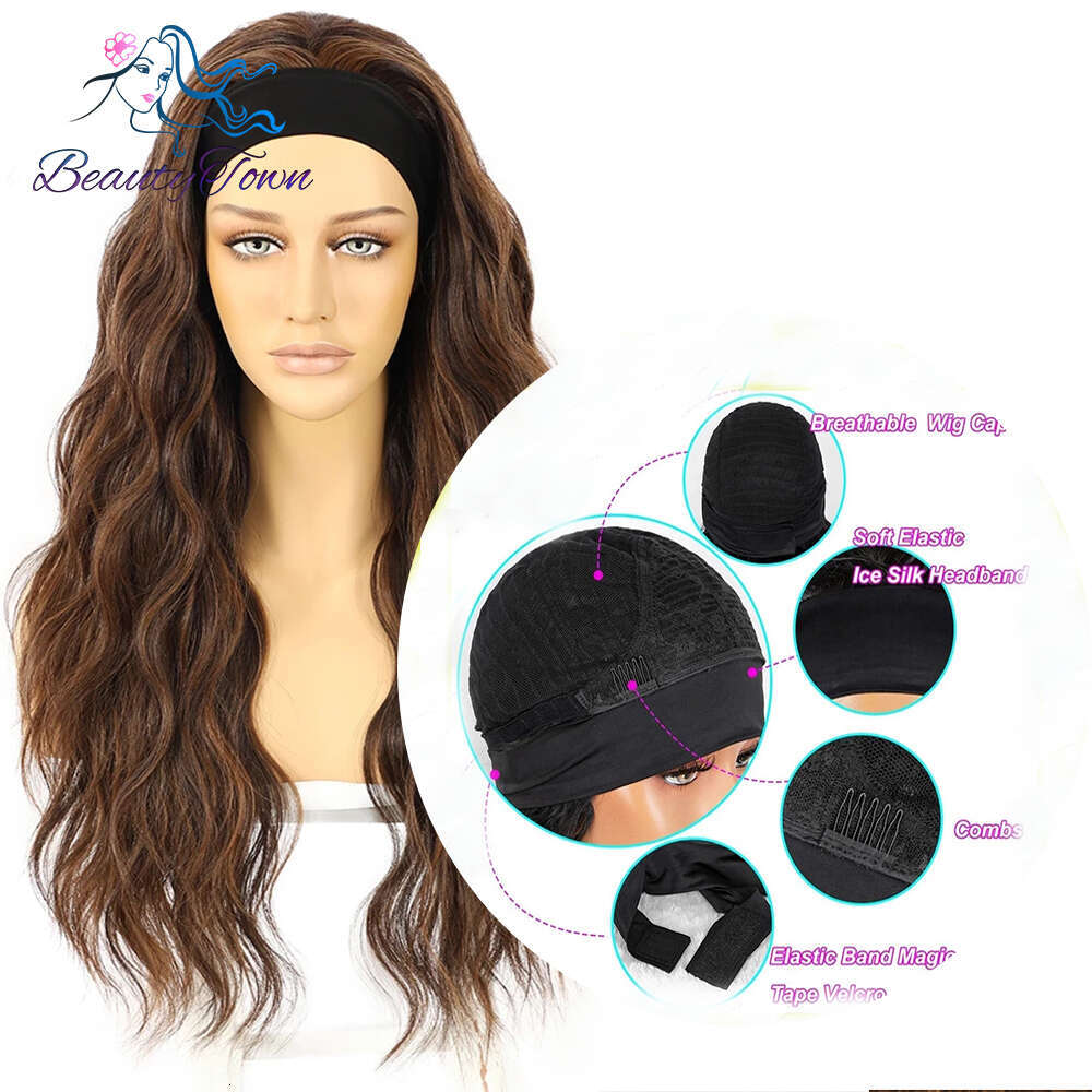 Highlight Honey Blonde Synthetic Headband Daily Wedding Cosplay 26 Inches Long Brown Water Wave Wig 2 Free Bands Gifts
