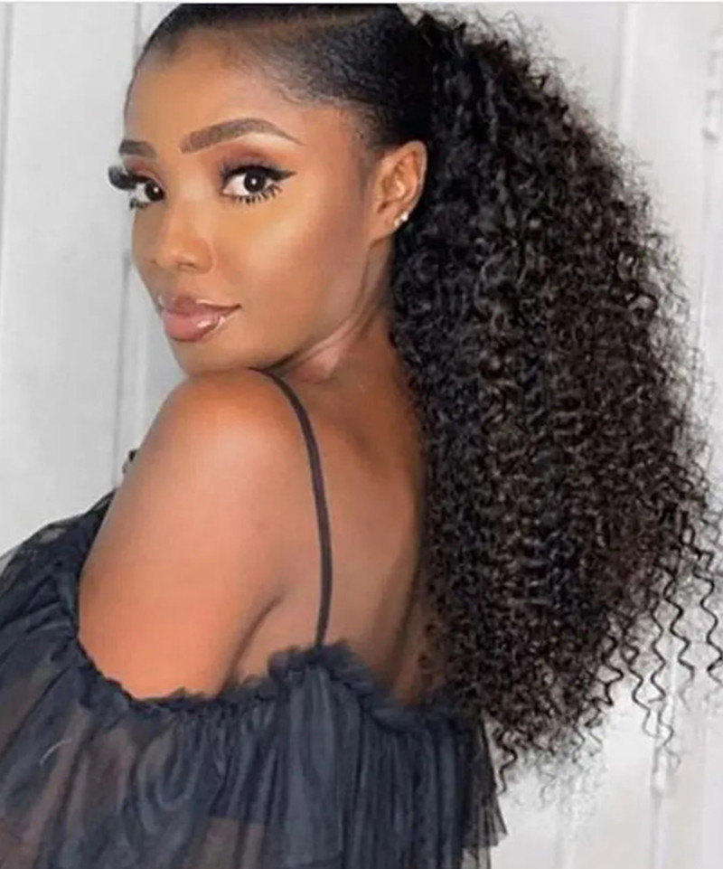 Human Hair Ponytails brazilian Kinky Curly Drawstring ,Wrap Around Ponytail hairpiece clip in drawstring raw Virgin cuticle aligned Pony tail 140g Div