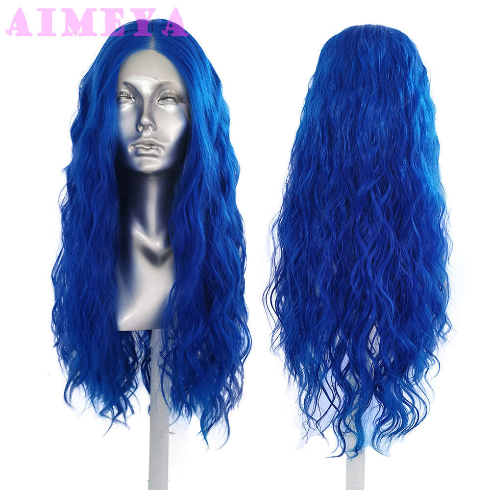 AIMEYA Loose Curly Long Synthetic Lace Front Wigs Royal Blue Natural Wave Hair Daily Use Cosplay Wig