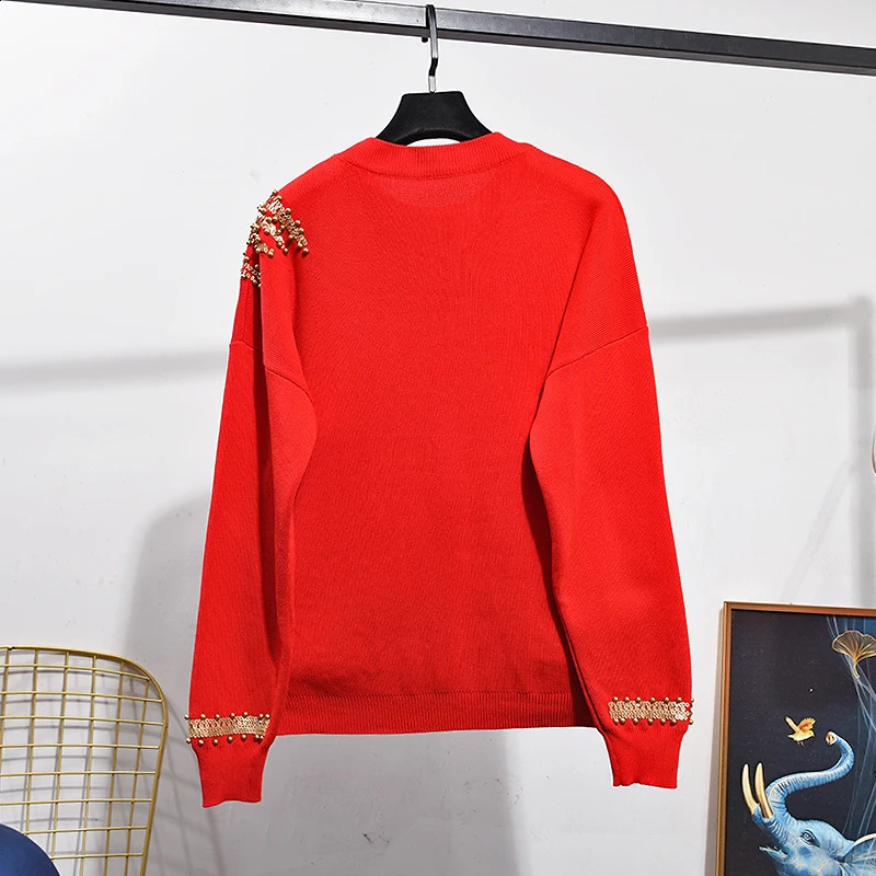 Red Black Gray White Knitted Set Women Manual Sequins Phoenix Sweater Harem Pants Two Piece Outfits Female Tracksuit Knit Suit 240905