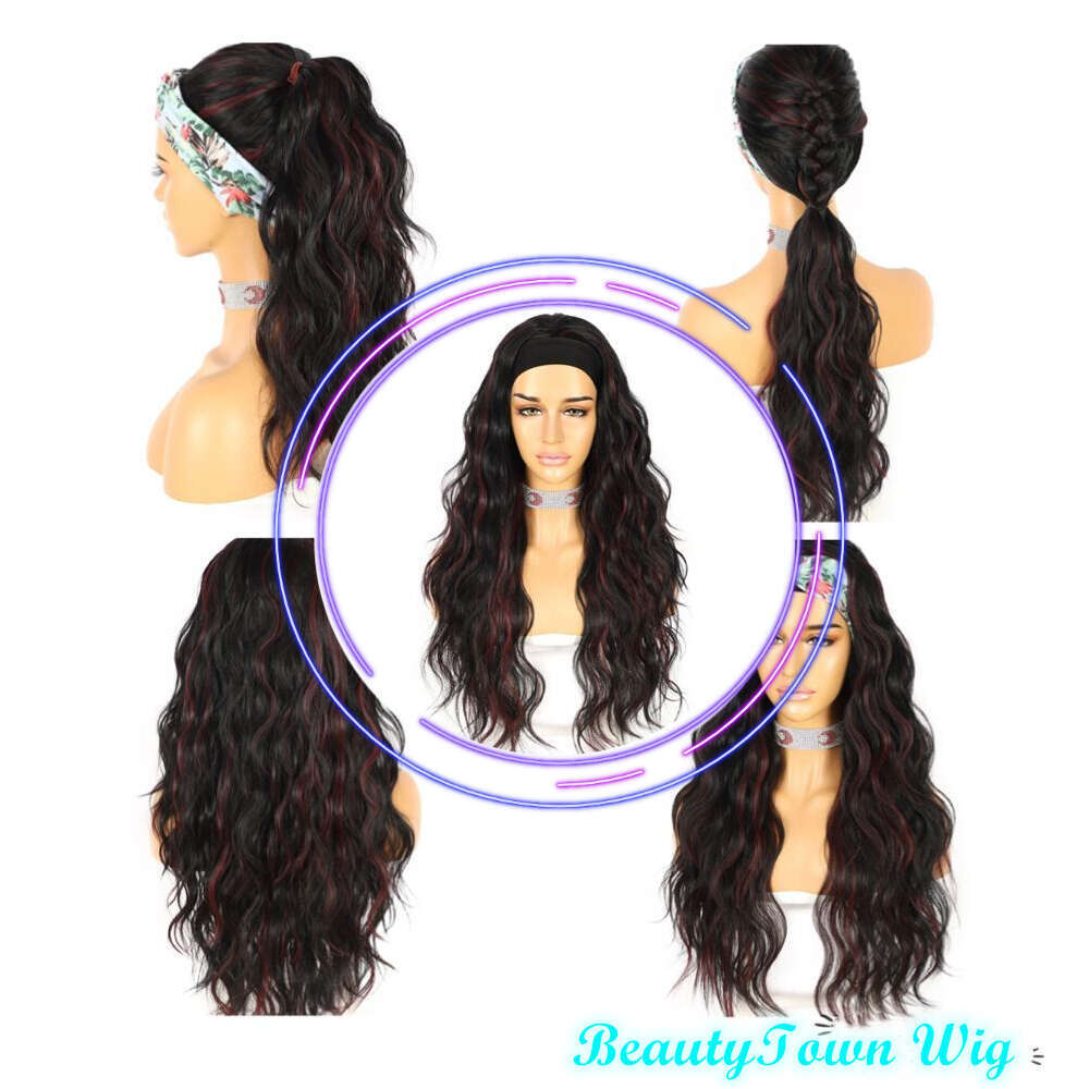 Long Water Wave Headband Women Black Mix Red Daily Makeup Wedding Party Holidays Glueless Wig 2 Free Bands Gift For Girl