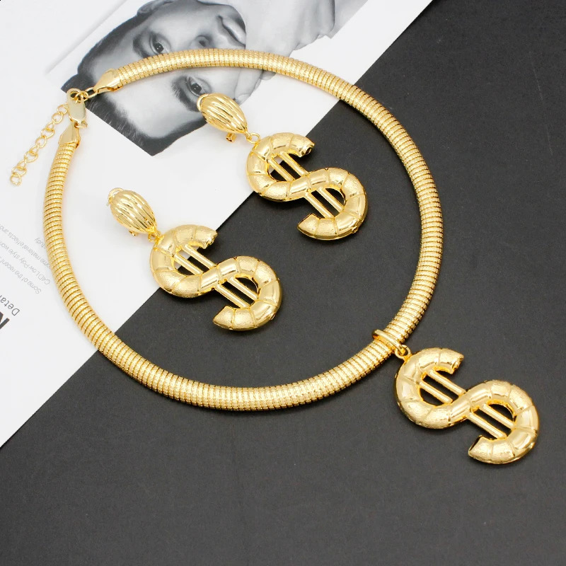 Earrings and Pendant Set For Wome Necklace Dollar Jewelry Sets Copper 24K Gold Plated Statement Hip Hop Jewellery Party 240906