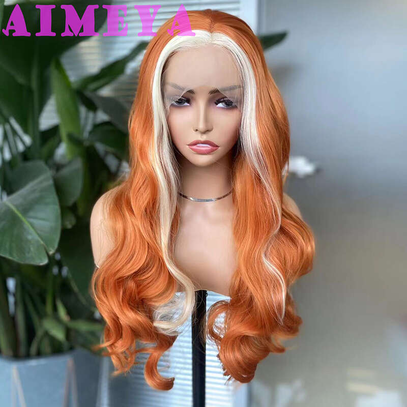 AIMEYA Orange With Blonde Highlights Front Wigs For Women Heat Resistant Hair Long Wave Synthetic Lace Wig