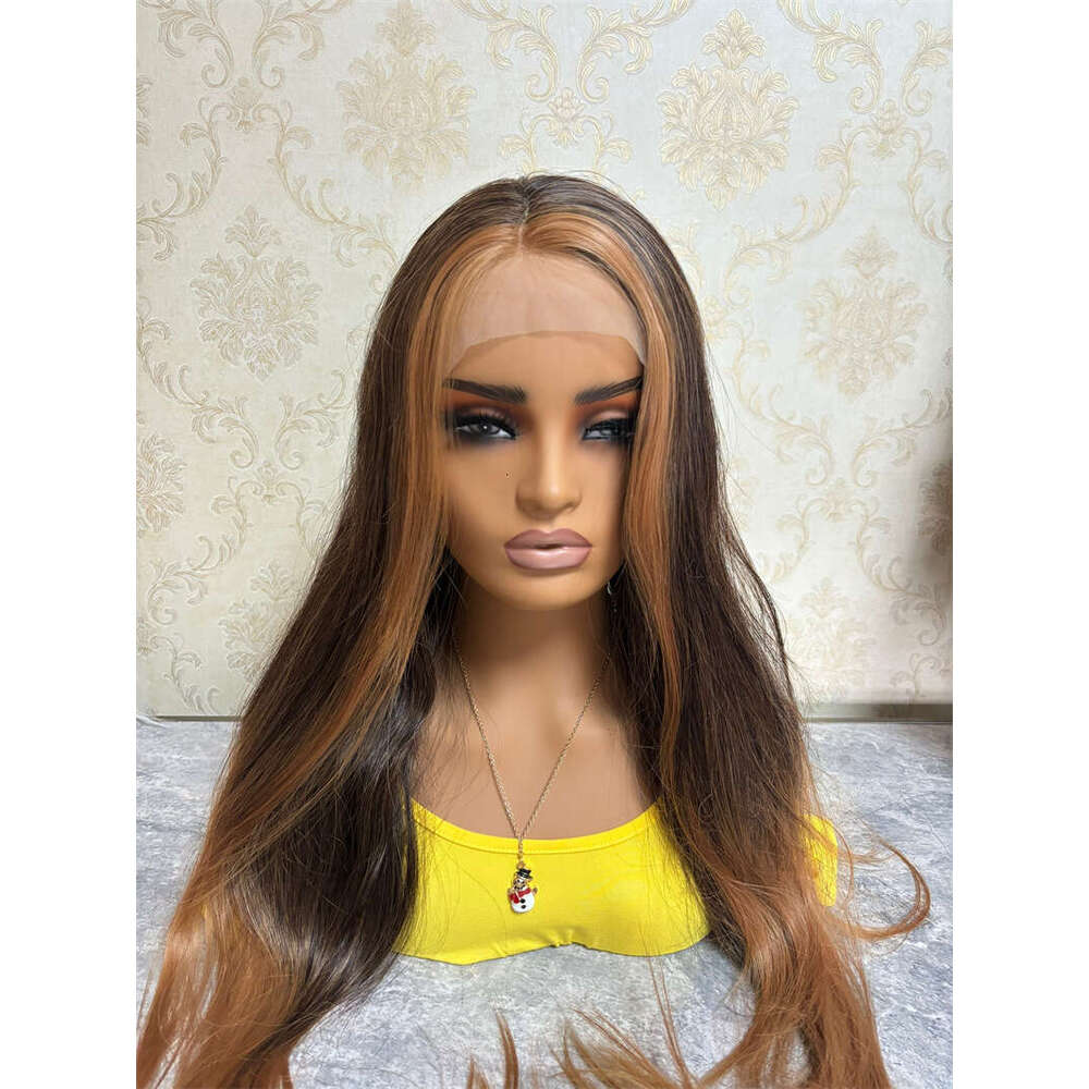 Soft Long Glueless Yaki Ombre Brown 26Inch HD Straight Lace Front Wig For Women With Baby Hair Synthetic Preplucked Daily