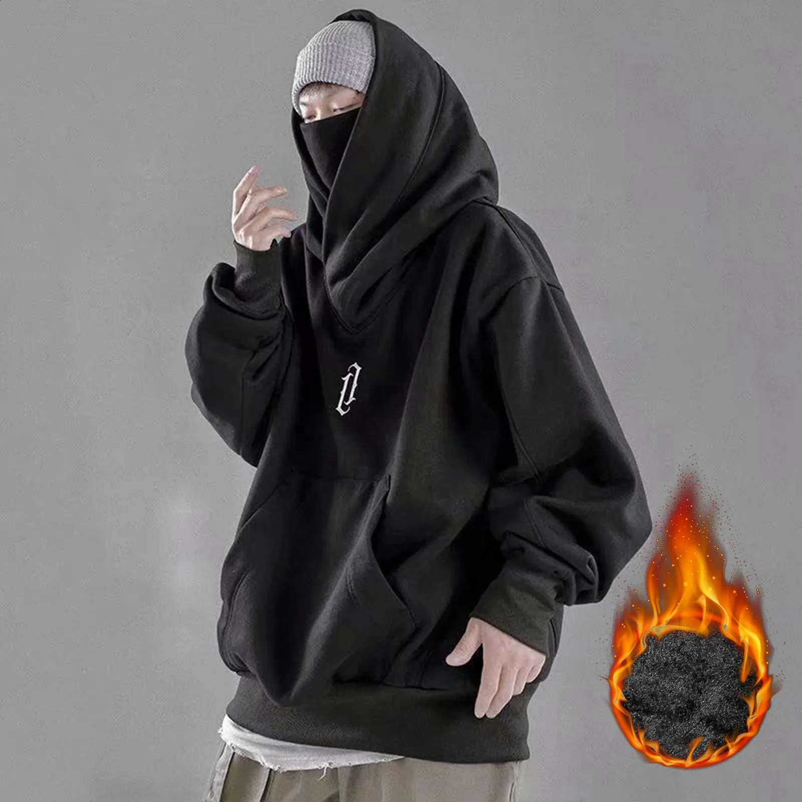 Ninja Neck Hoodies Man Autumn And Winter Fleece Sweatshirt Hip Hop Solid Long Sleeve Hoodie Pocket Loose Hooded Y2k Clothes Men 240904