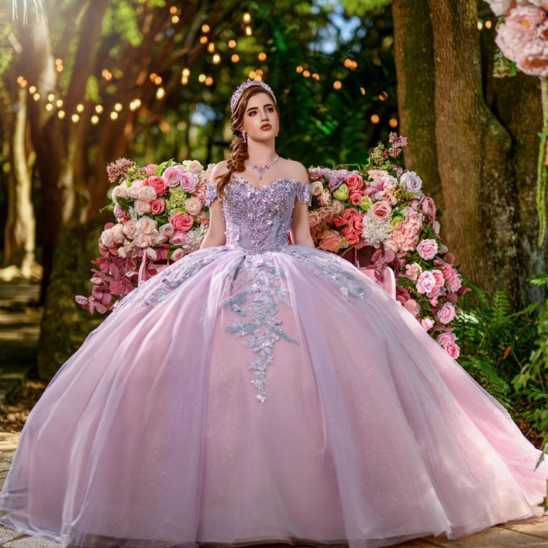 Lilac Sequined Appliques Beading Shiny Crystal Ball Gown Quinceanera Dresses Off The Shoulder Corset Vestidos De 15 Anos Sweet 16 Dress