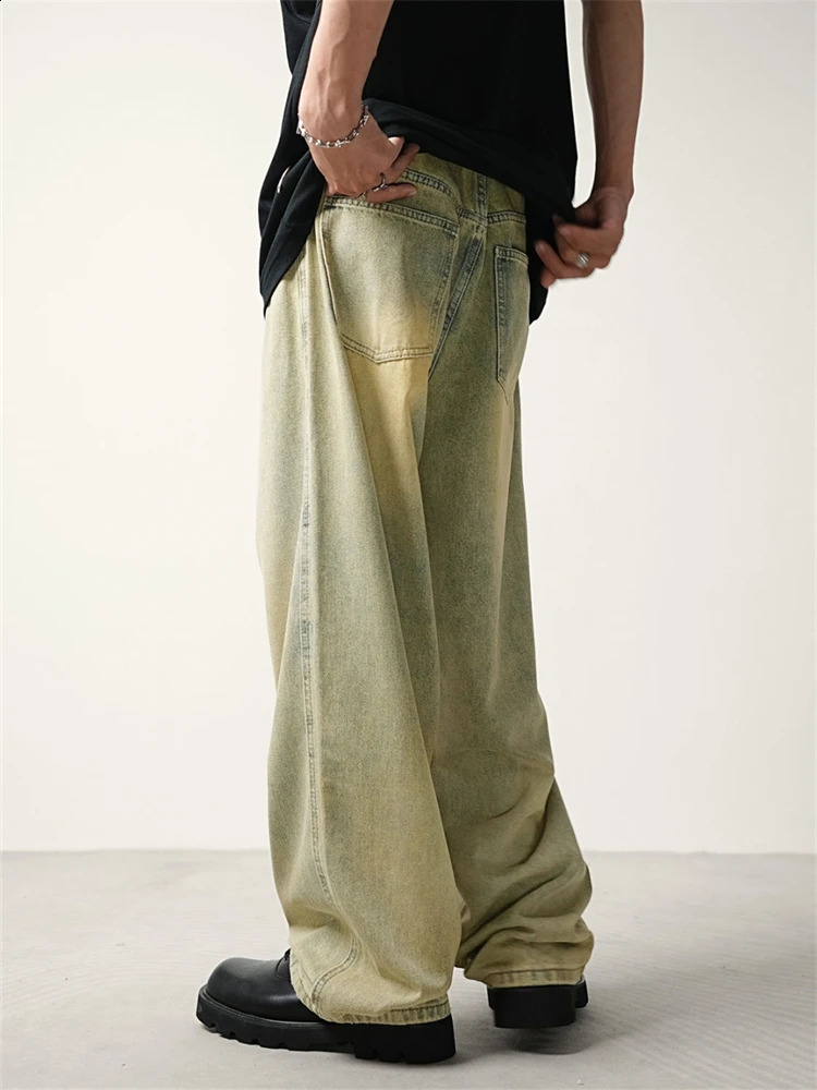 Womens Yellow Mud Dyed Retro Washed Denim Jeans Cool Wide Leg Vintage Pants Female Casual High Waist Unisex Denim Trousers 240911
