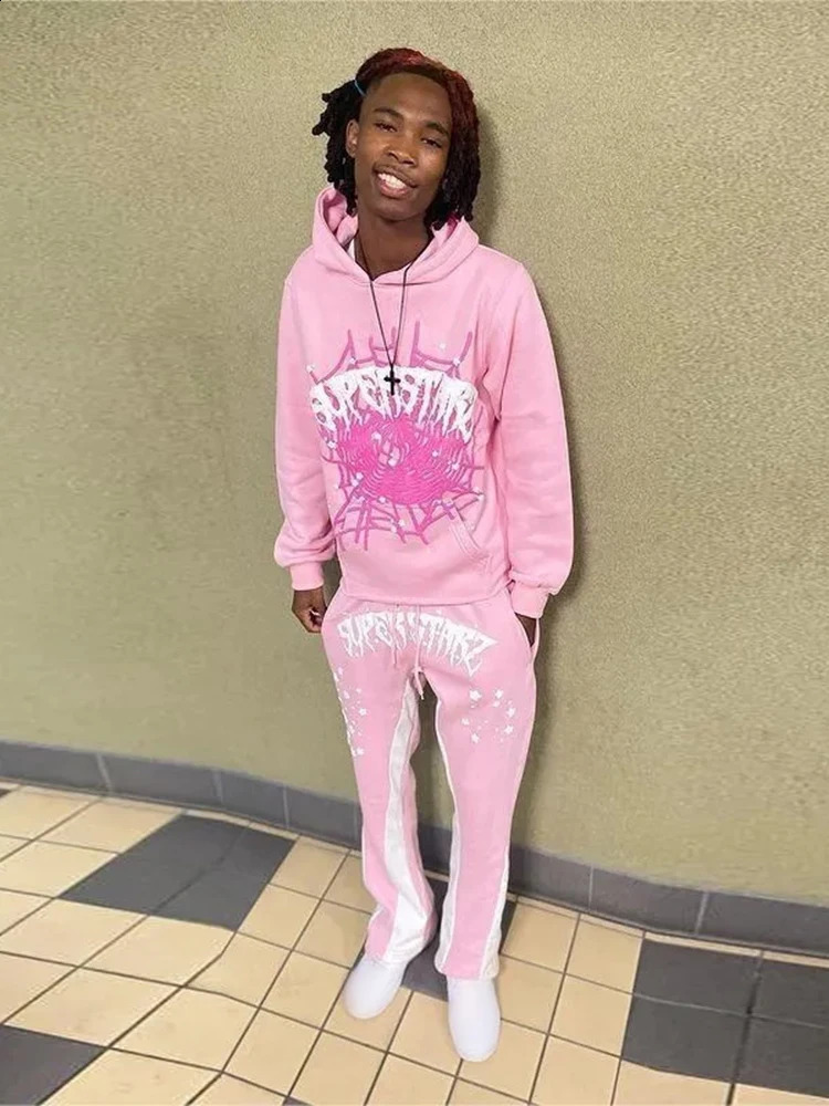 Y2k Spider Letter Printed Hoodie Straight Pants 2piece Set Mens Pull up Sports Shirt Trouser Tracksuits 240914