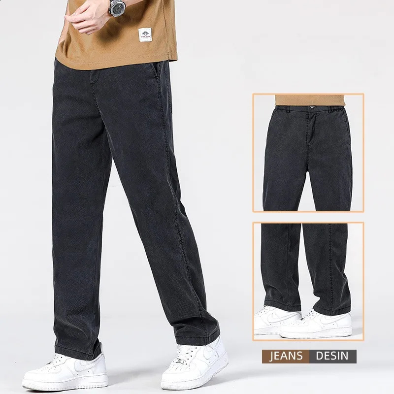 Summer Baggy Jeans Mens Classic Thin Lyocell Fabric High Quality Straight Casual Pants Soft Denim Trousers Coffee Blue Gray 240906