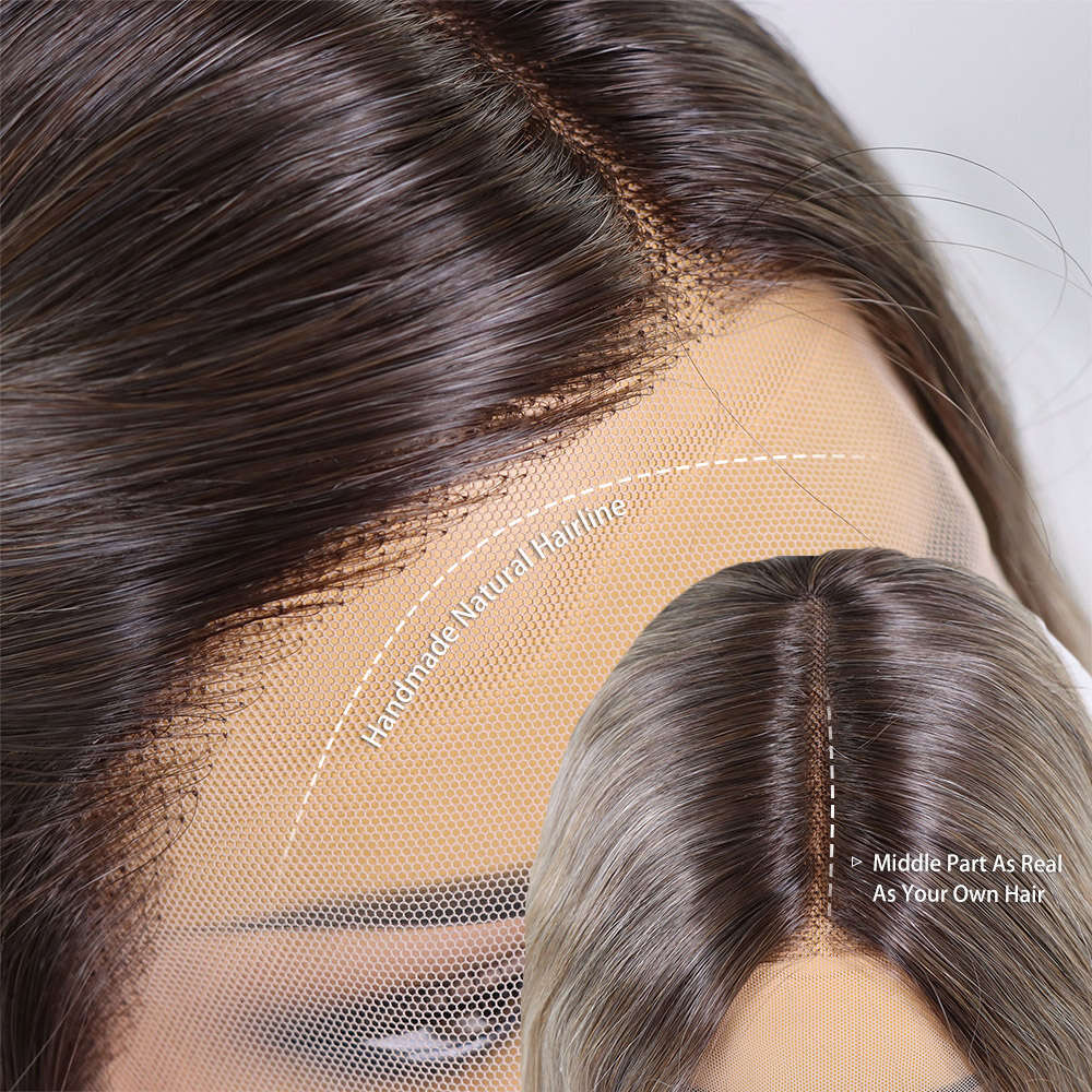 Ash Brown Synthetic Lace Front Wigs Highlight Body Wave Dark Roots Colored For Women Pre Plucked Ombre Blonde Glueless Wig