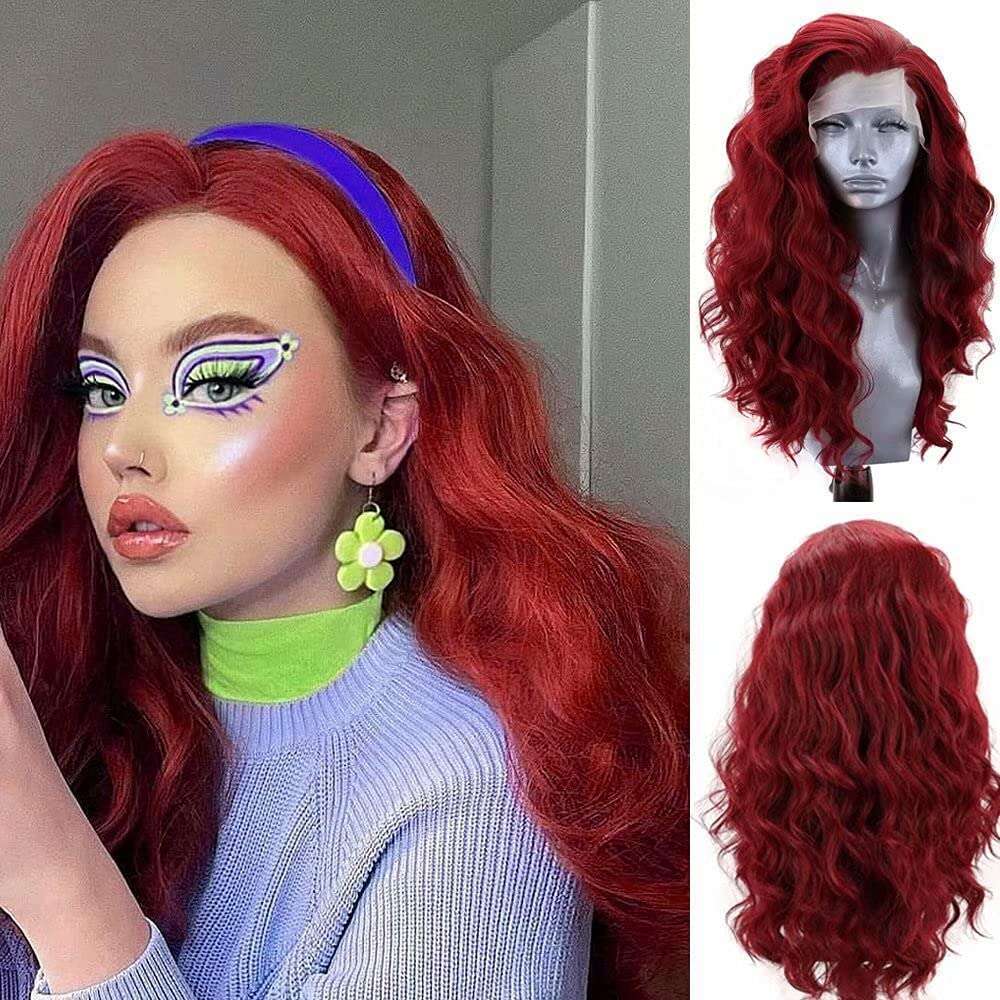 AIMEYA Red Body Wave Long Free Part Lace Front Wig For Black Women Synthetic Cosplay Costume Daily Wear Wigs
