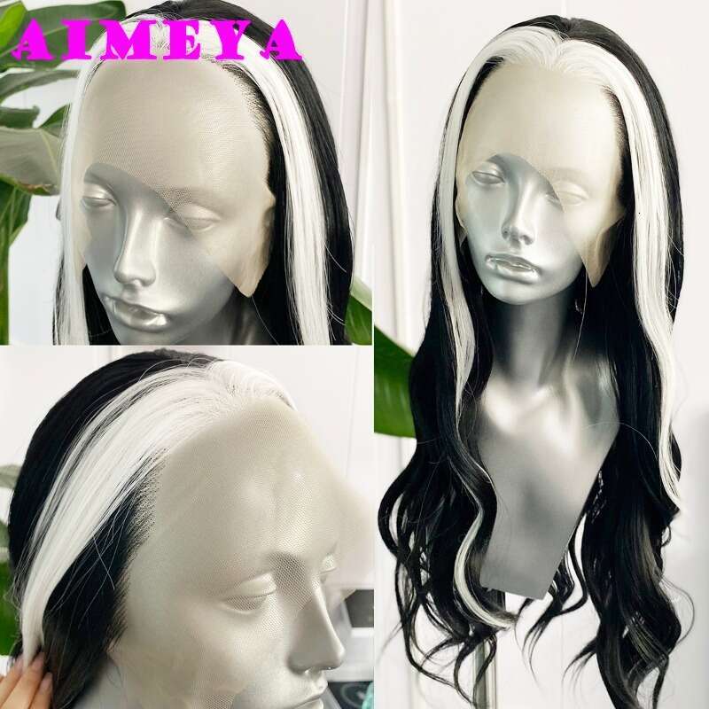 AIMEYA Black White Highlights Lace Front Synthetic Wig Long Natural Wave Heat Resistant Daily Use Cosplay Wigs Free Part