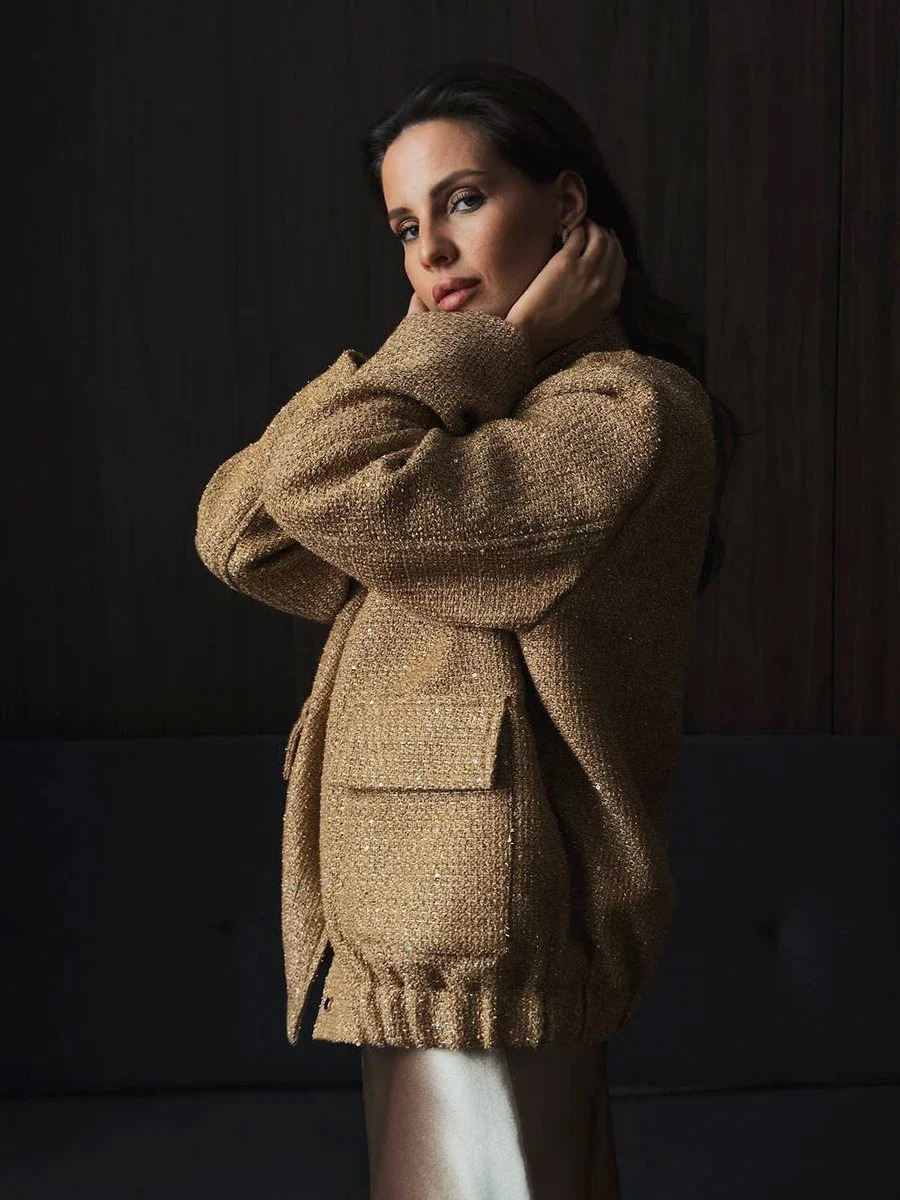 Bornladies Loose Tweed Sequin Jacket Women Fashion Coat Trend Versatile Warm Chic Elegant Female Coats Stylish Woman Clothes 240911