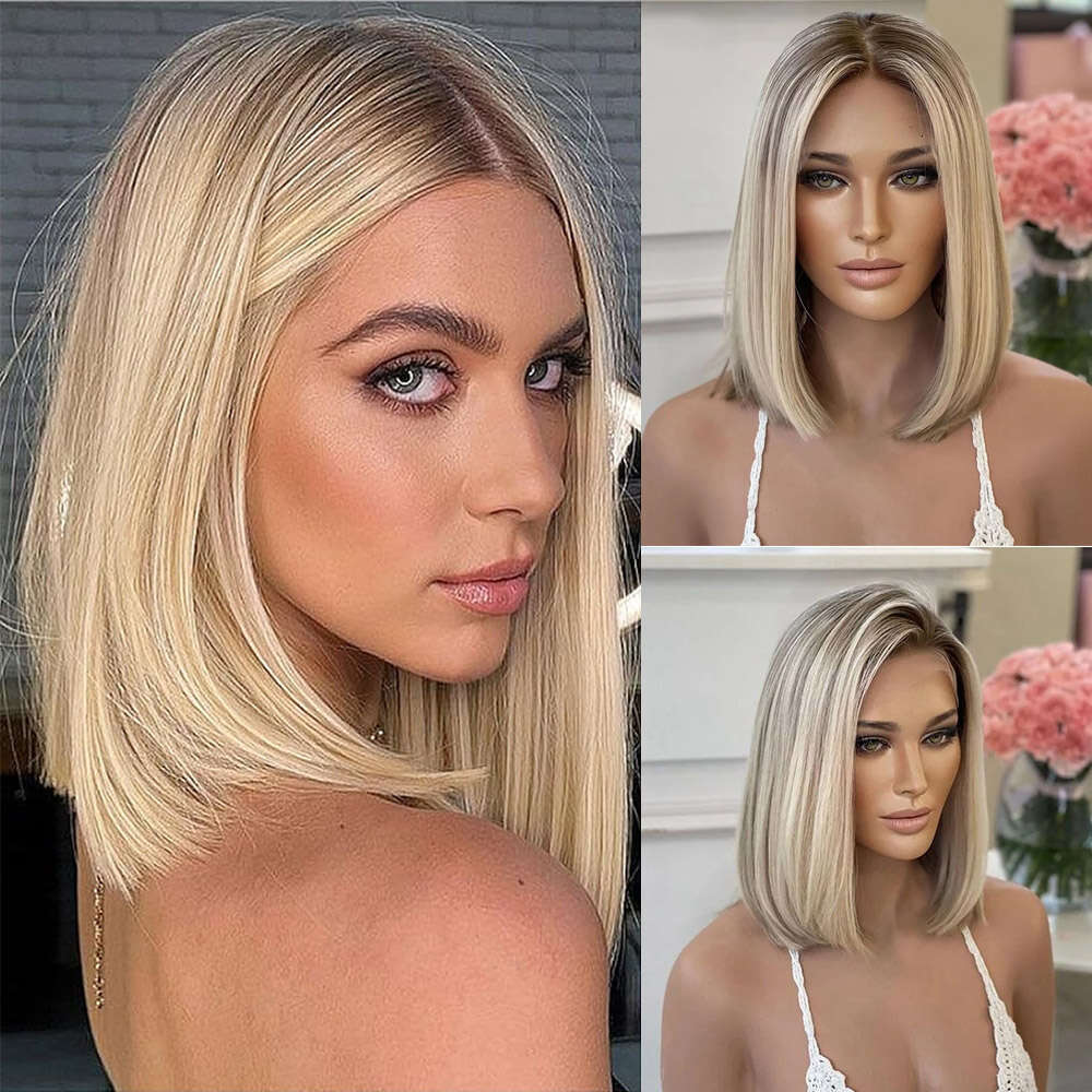 12Inch Highlight Short Bob Synthetic Lace Front Wigs Dark Roots Colored Straight Glueless Blonde Wig For Women Daily Use
