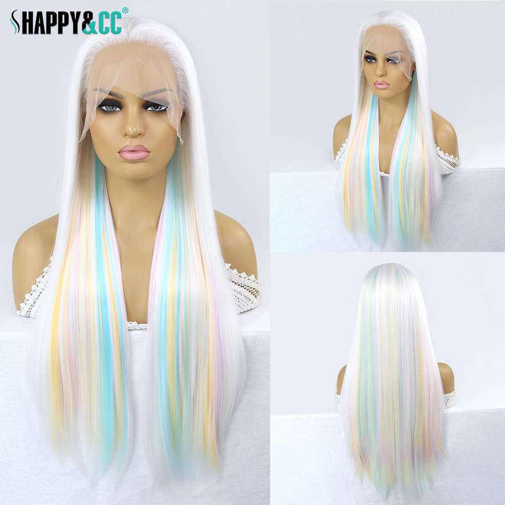 Highlight White Lace Front Wigs Straight Mixed Colored Synthetic Hair For Women Cosplay Rainbow Glueless Wig