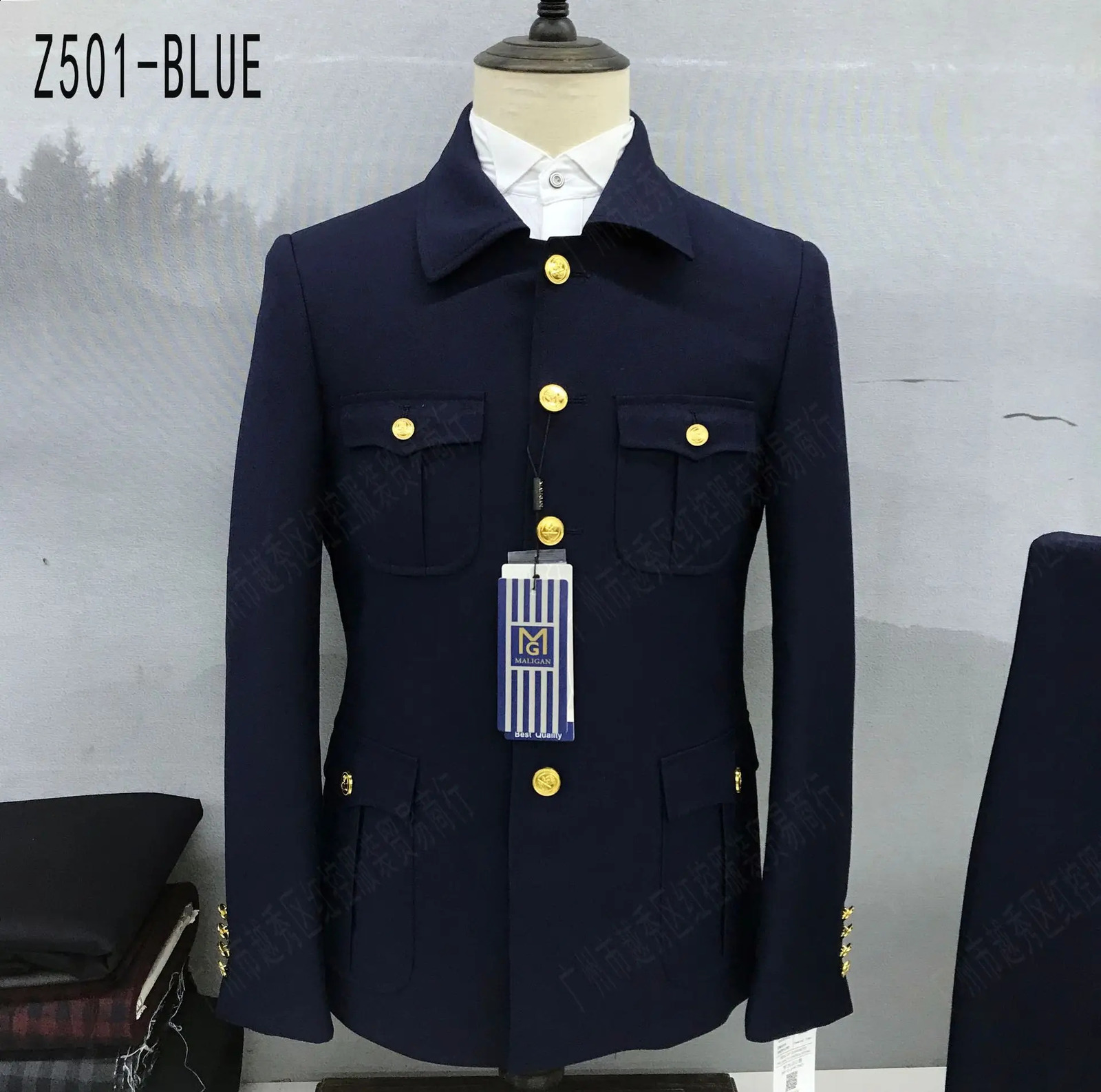 Navy Blue 2 Pieces Slim Fit Chinese Tunic Suit Gold Buttons Blazer Pants Set Formal Elegant Jacket Tuxedos for Men 240914