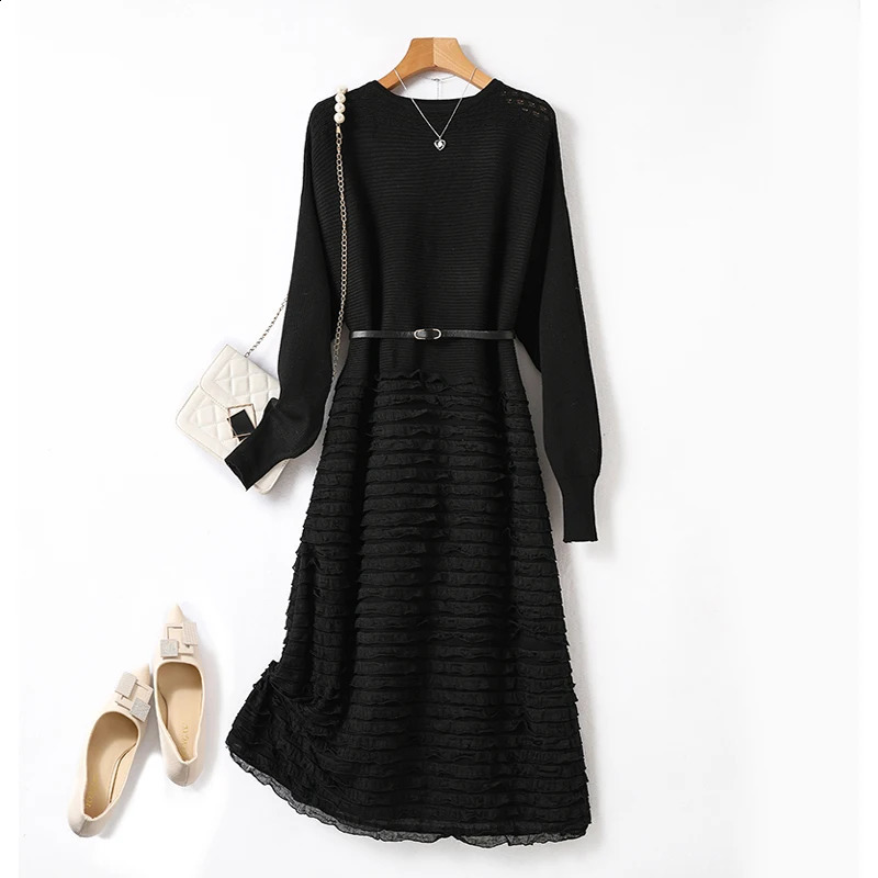Womens solid bag knitted loose soft dress for spring warm fashionable elegant simple full width knee length 240913