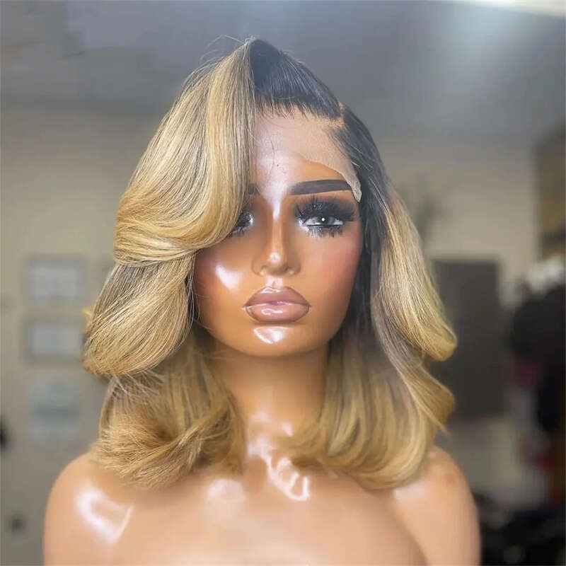 Ash Blonde Highlight Color Short Body Wave Bob Front Wigs For Women Long Synthetic Hair Dark Roots Lace Frontal Wig