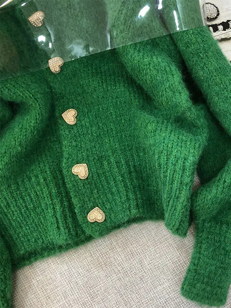 Green Knitted Cardigan Sweaters Autumn Half High Collar Sweet Casual Korean Fashion Winter Jacket 240905