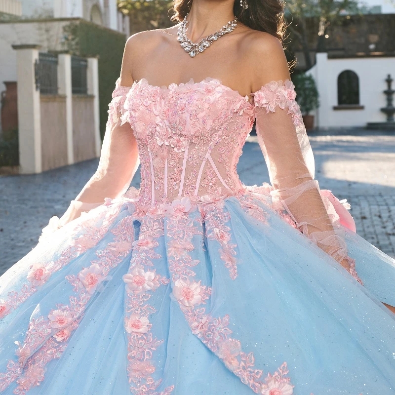 Sky Blue Shiny Princess Ball Gown Quinceanera Dresses Appliques Lace Beads Bow Tull Birthday Party Sweet 16 Dress Vestidos 15 De Anos