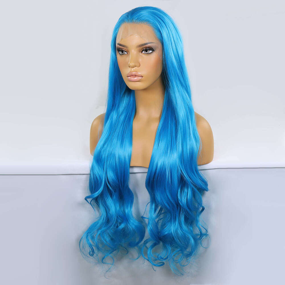 28Inch Blue Lace Front Wigs Long Natural Wave Synthetic Hair Pre Plucked 13X3 Glueless Cosplay Party Color Wig For Women