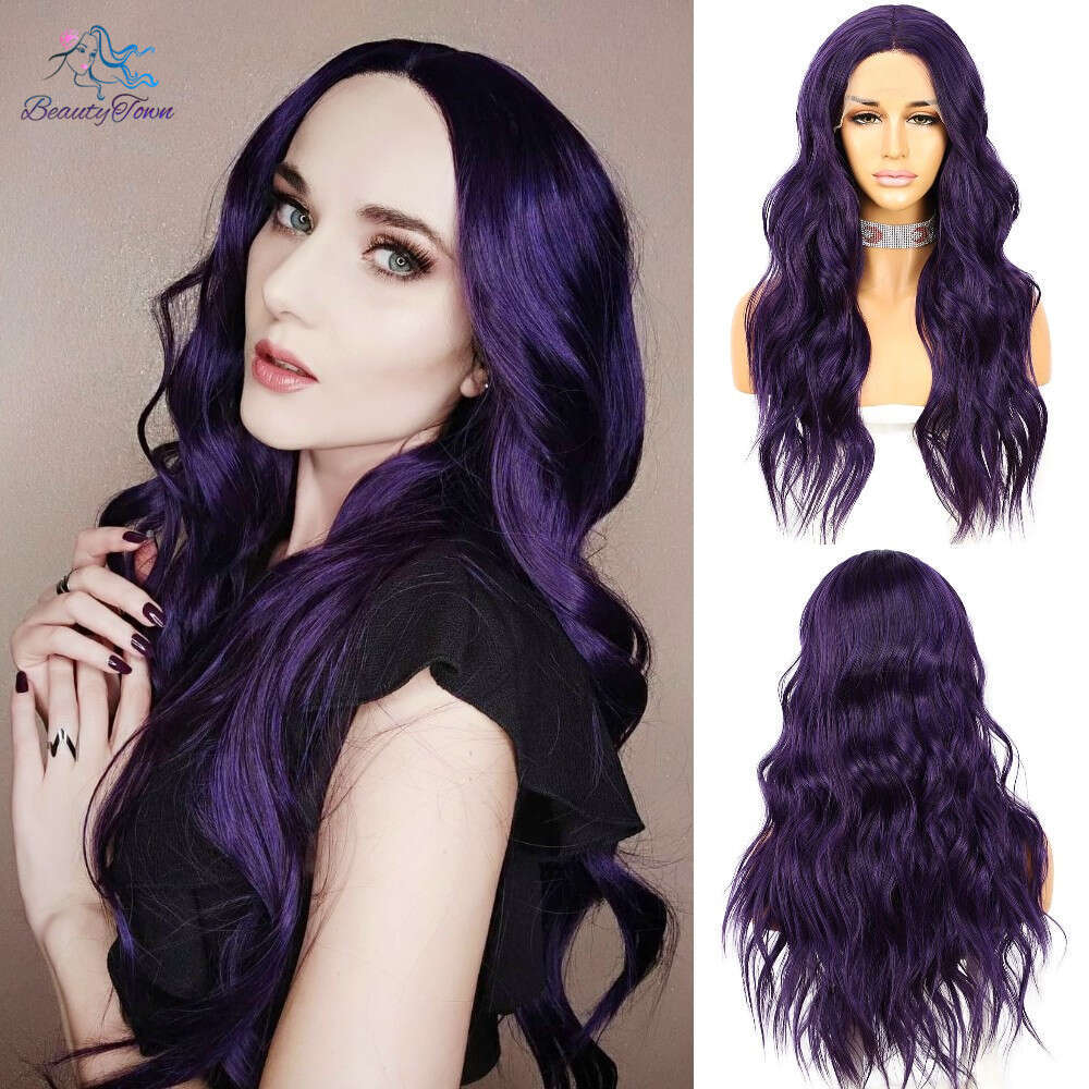 Synthetic Long Wavy Red Purple Lace For Women Daily Makeup Cosplay Party Wedding Heat Resistant Fiber Natural Looking Wig