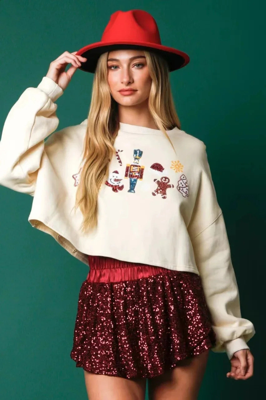 Women Christmas Nutcracker Sweatshirt Pullover 2024 Year Wear Sequins Versatile Top Cartoon Soldier White Sweater For Women 240911