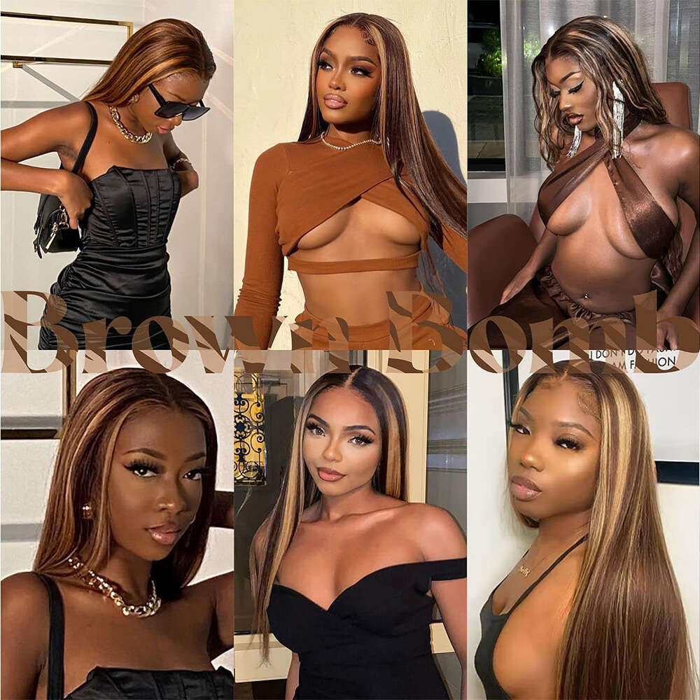 Highlight Brown Lace Front Straight Synthetic Hair 13X3 Pre Plucked Colored Heat Resistant Glueless Wig For Women