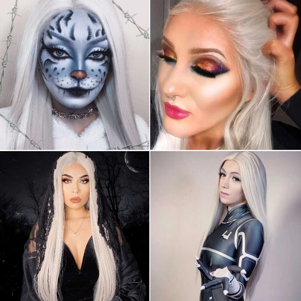 Beautytown Long Straight Sier White For Women Daily Makeup Halloween T Part No-Tangle Futura Fiber Synthetic Lace Wig