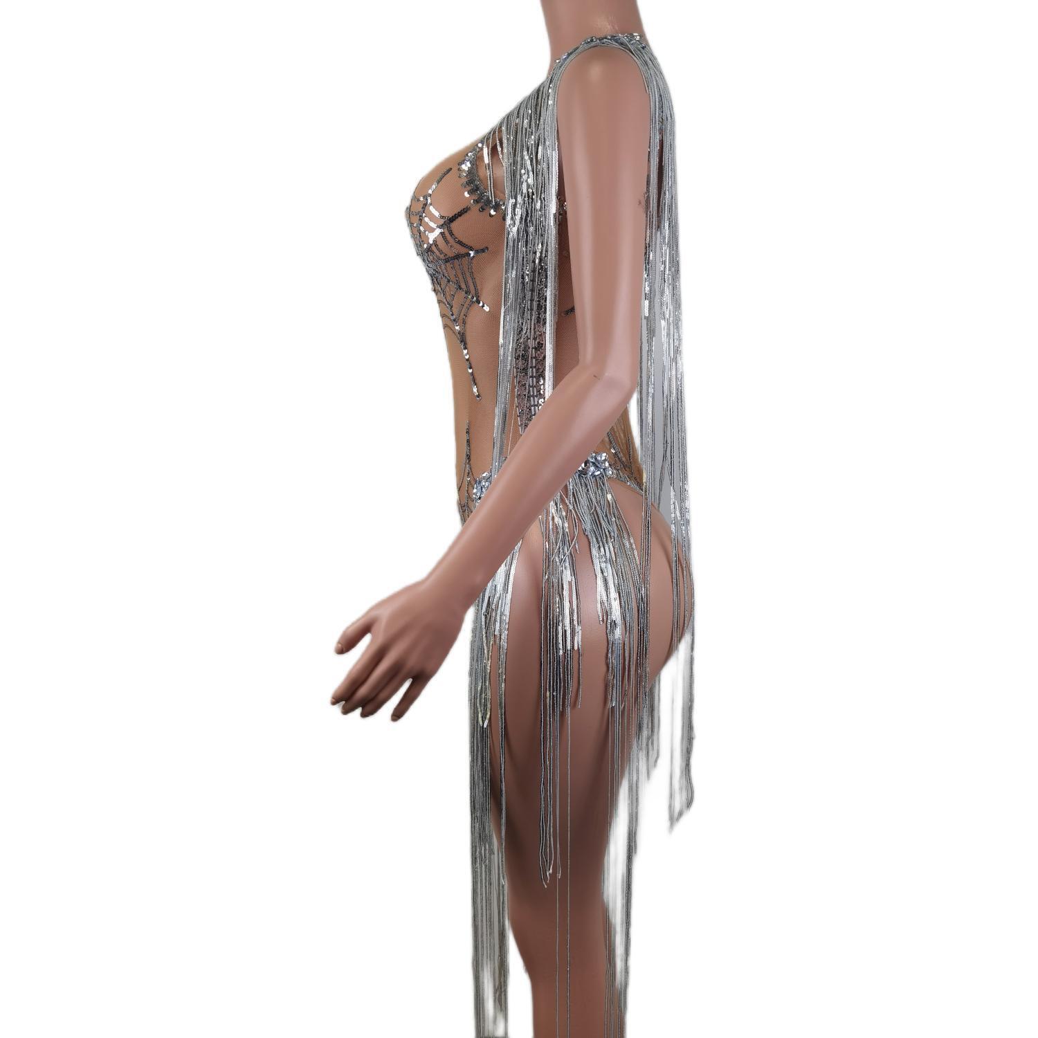 Sliver Spider Web Sequins Women Bodysuit Dance Performance Costumes Shining Tassel Sleeveless Romper Lady Sexy Fringes Jumpsuit