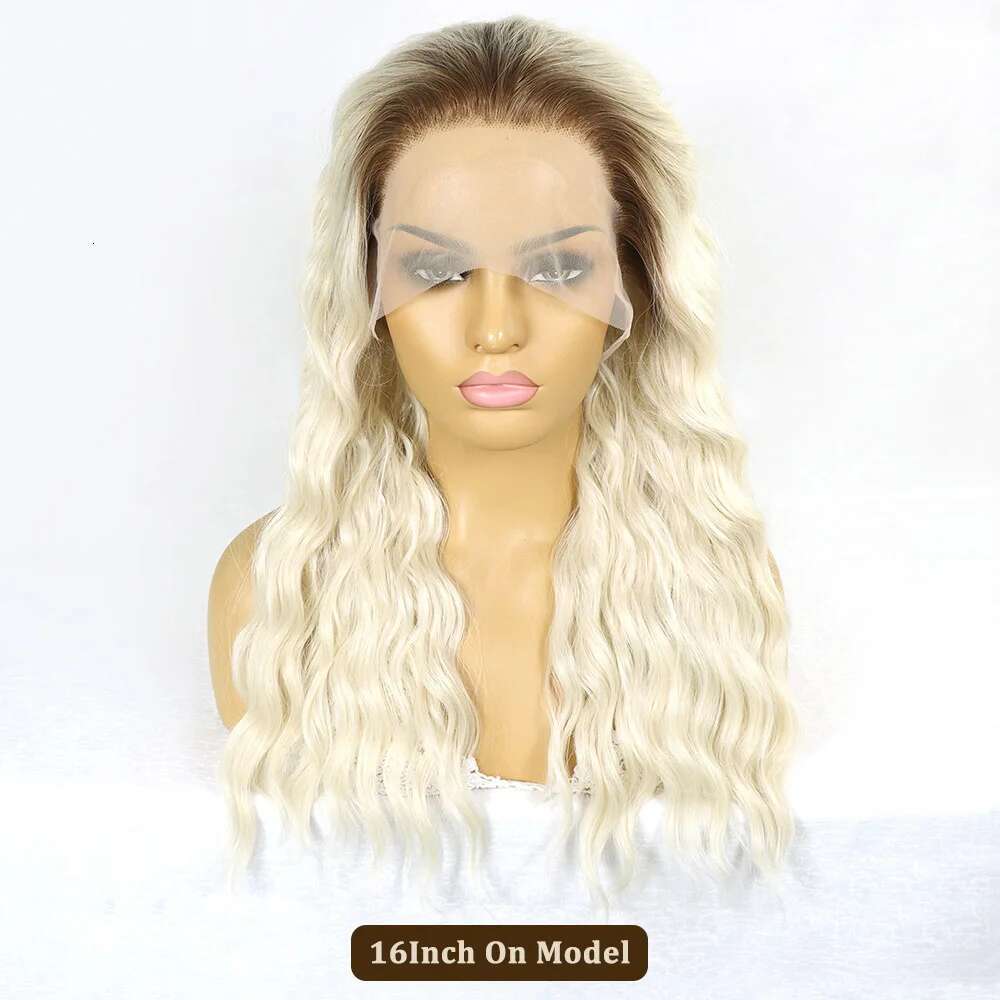 Ombre Blonde Deep Wave Bob Synthetic Lace Front Wigs Short Water Wavy Dark Roots 613 Colored Cosplay Glueless Wig 16Inches