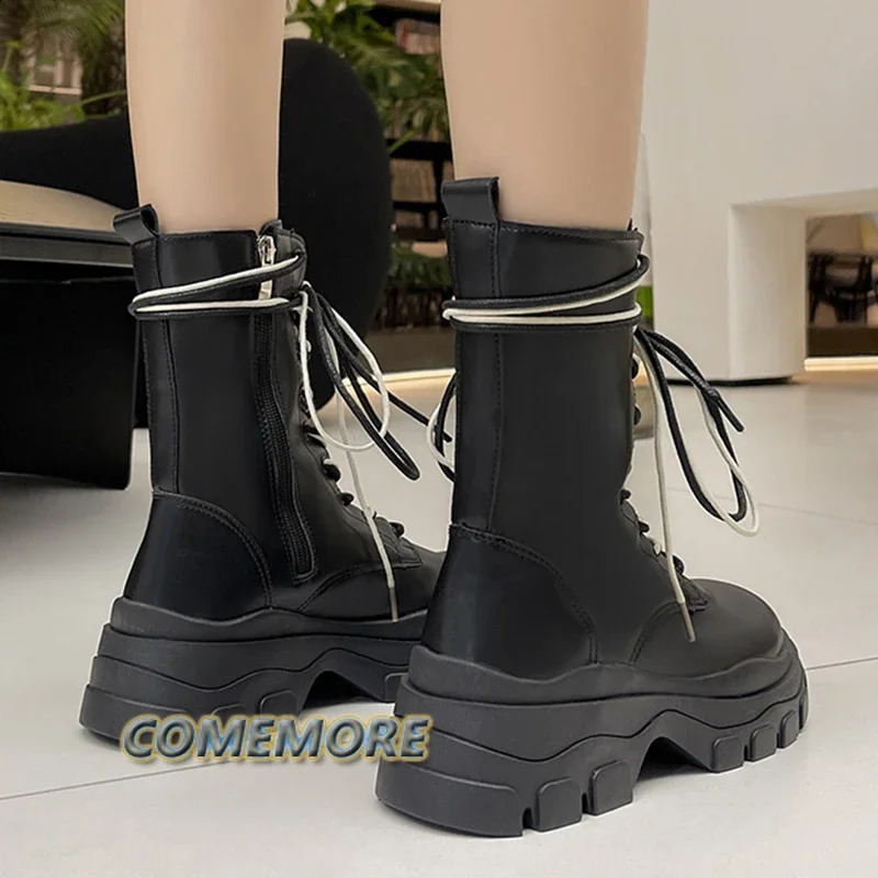 Pink Chunky Platform Ankle Women Autumn Thick Bottom Pu Leather Boots Shoes Womans Mix Color Lace Up Motorcycle Botas 240911