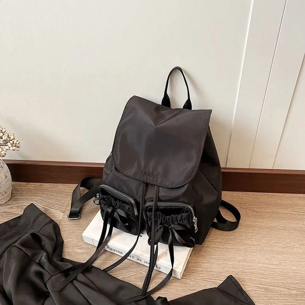 Cute Korean drawstring backpack ballet style large capacity nylon backpack solid color butterfly shoulder bag 240912