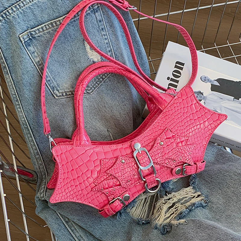 Womens bag creative bat handbag leather two handed bag womens bag fashionable cross shaped bag cute animal shaped shoulder bag 240912