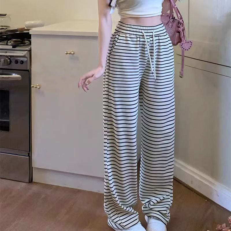 White striped wide-leg pants women's summer 2024 new high waist drape loose straight narrow version sports casual pants.