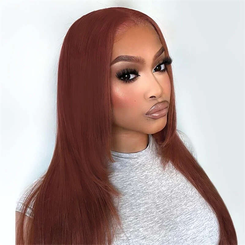 Synthetic 13X4 Glueless Heat Resistant Reddish Brown Layered Cut Wig Copper Red Straight Lace Front Wigs For Women Daily