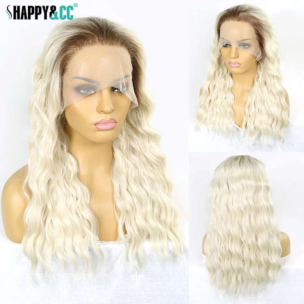 Ombre Blonde Deep Wave Bob Synthetic Lace Front Wigs Short Water Wavy Dark Roots 613 Colored Cosplay Glueless Wig 16Inches