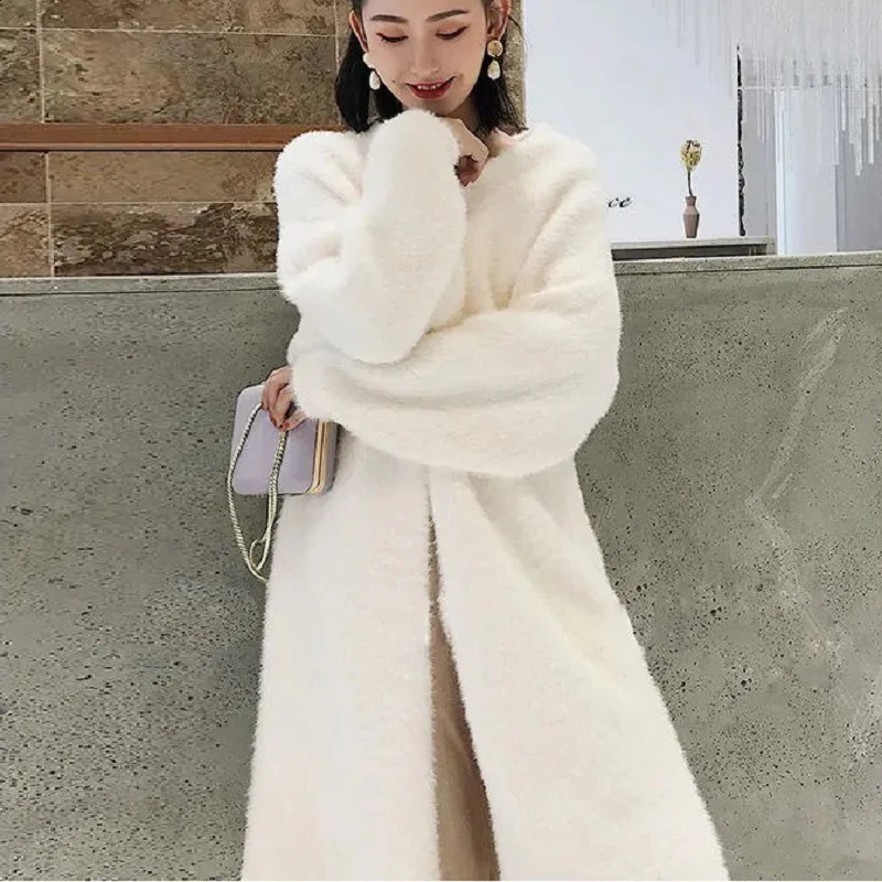 white Long Cardigan for women 2024 winter clothes Knitted fluffy long sleeve Cashmere sweater coat clotkorean style warm vintage 240910