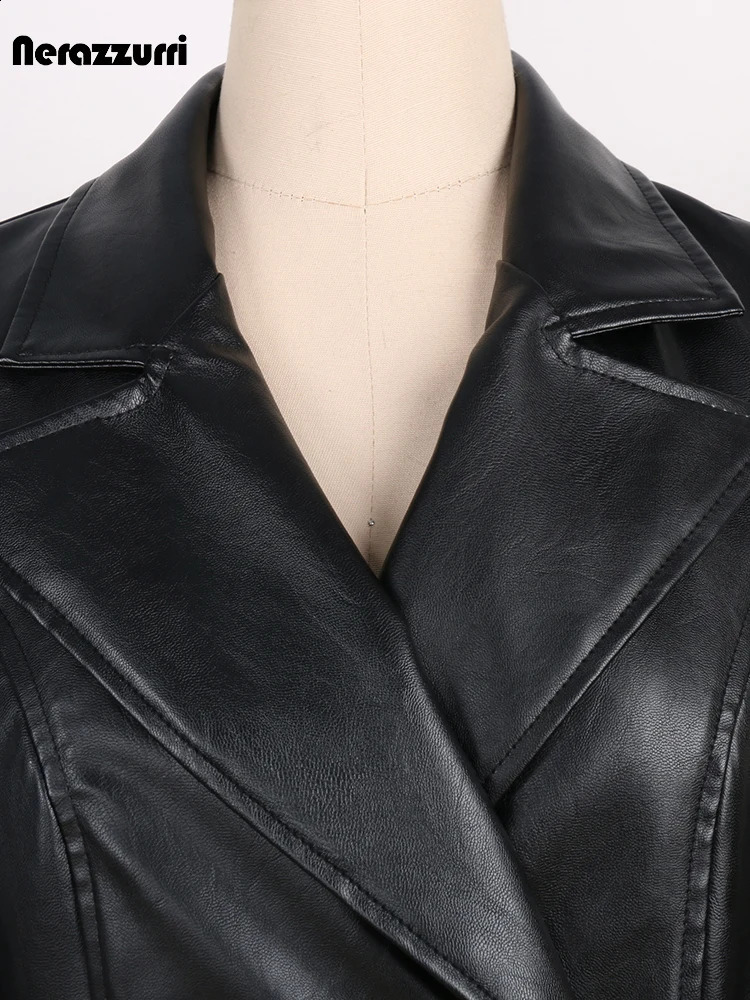 Sapphire Spring Autumn High Quality Elegant y Fitted Black Pu Leather Trench Coat Womens Double Chest 240906