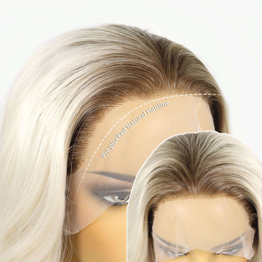 Wavy Ombre Blonde Front Wigs For Women Dark Roots Platinum 613 Colored Transparent Lace Frontal Synthetic Wig 26Inch