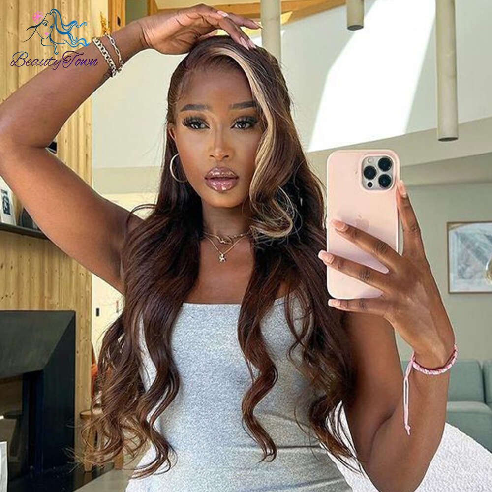 Beautytown Brown Color Synthetic Front 613 Blonde Body Wave Wigs HD Transparent Lace Frontal Wig Cosplay Daily Used