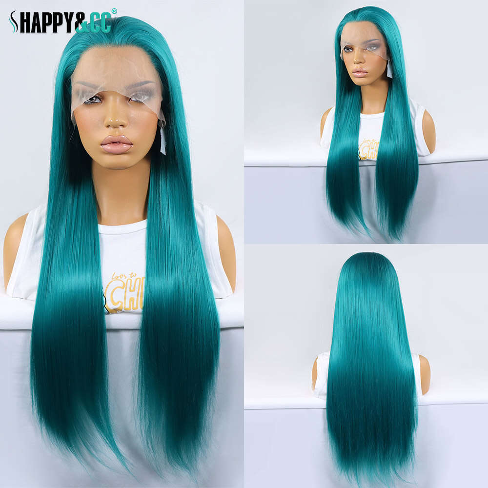 Pea Blue Synthetic Lace Front Wigs Silky Straight For Women Cosplay Long 150 Density Heat Resistant Glueless Color Wig