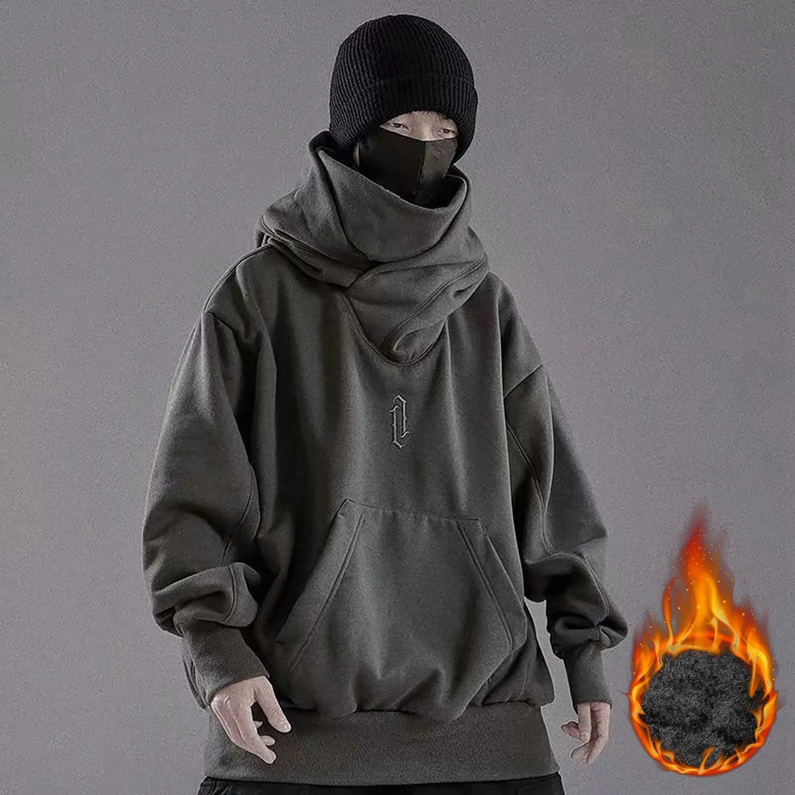 Ninja Neck Hoodies Man Autumn And Winter Fleece Sweatshirt Hip Hop Solid Long Sleeve Hoodie Pocket Loose Hooded Y2k Clothes Men 240904