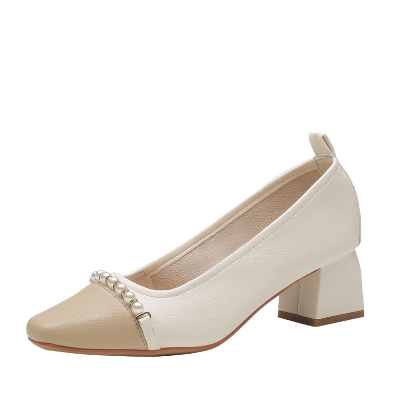 2024 New Small Fragrant French High Thick Heels Gentle Pearl Color Blocked Retro Mary Jane Single Shoes