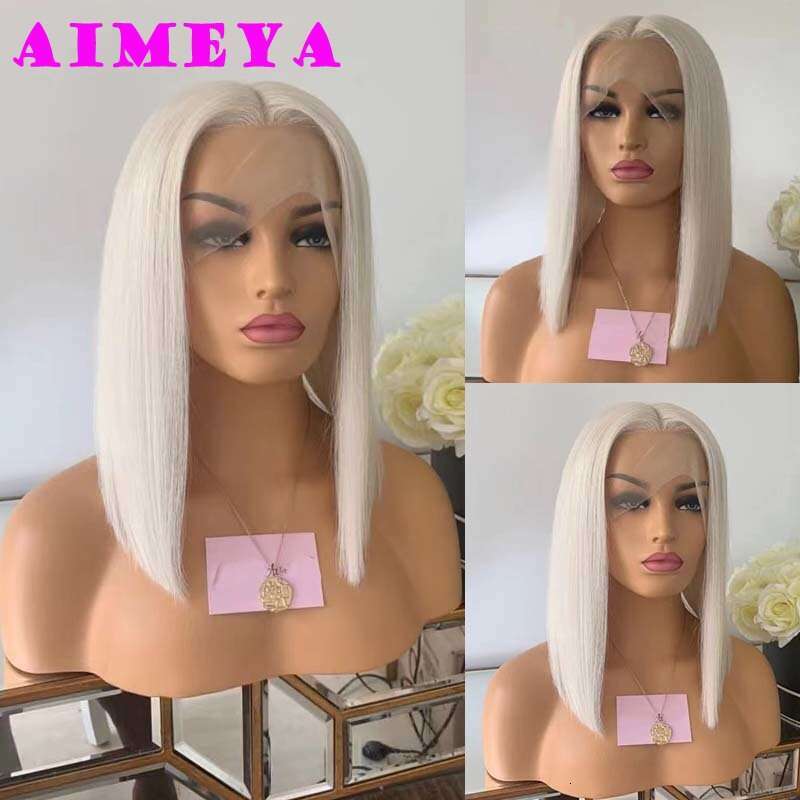AIMEYA Platinum Blonde For Women Heat Resistant Synthetic Hair Natural Haire Short Straight Bob Lace Front Wig Daily