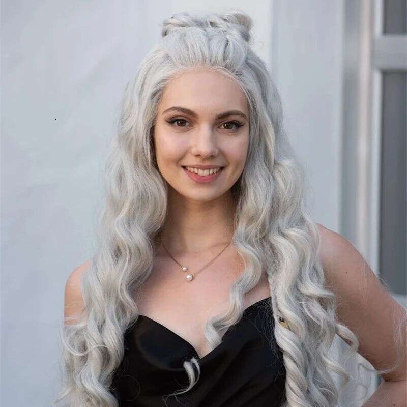 Platinum Grey Heat Resistant Fiber Side Part Body Wave Sier Hair 13X4 Synthetic Lace Front Wigs For Women