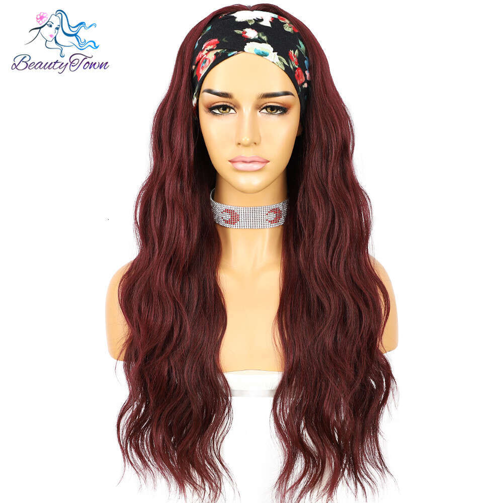Long Wavy Bury Red Headband For Women Daily Wedding Party Travel Holidays No Gel Glueless Wig 2 Free Bands
